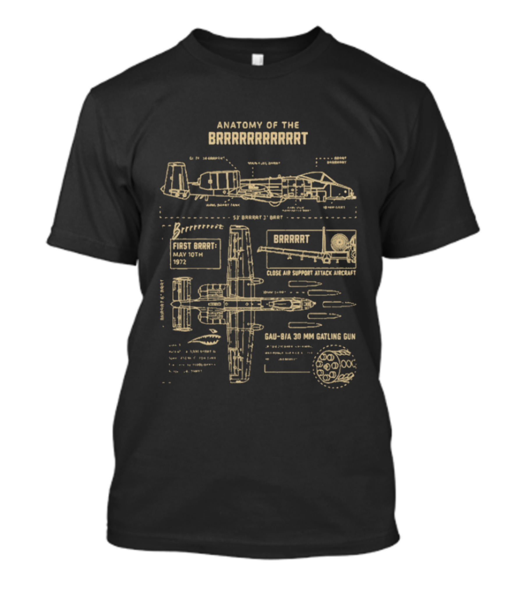 Anatomy Of The BRRRRRRT A 10 Warthog Gun Diagram Front Elevation And 30mm Gatling GAU 8/A Avenger Gun Blueprint T-Shirt