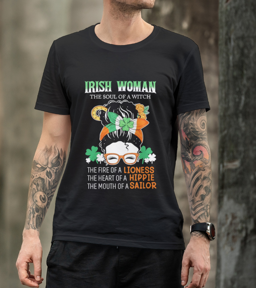 Irish Woman The Soul Of A Witch The Fire Of A Lioness The Heart Of A Hippie The Mouth Of A Sailor Shamrock Glasses Bandana T-Shirt