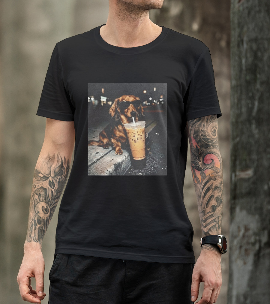 Dachshund Enjoying Iced Coffee With Sunglasses T-Shirt