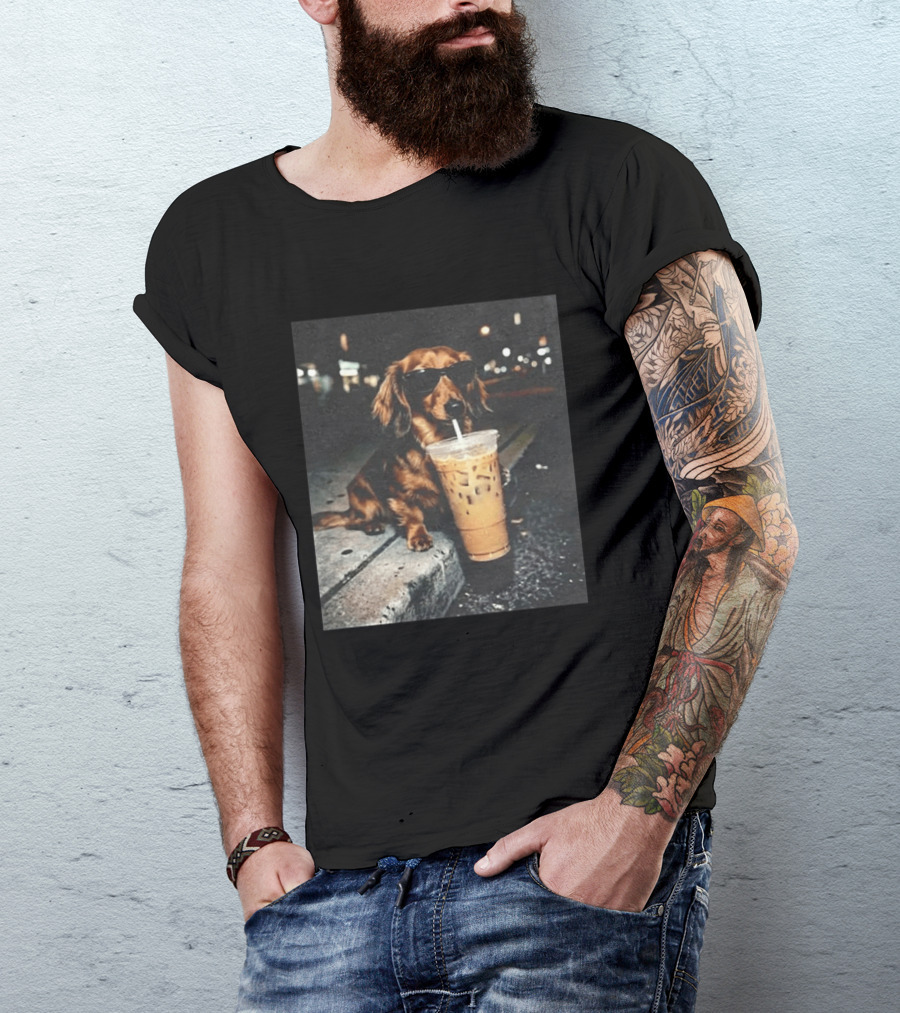 Dachshund Enjoying Iced Coffee With Sunglasses T-Shirt