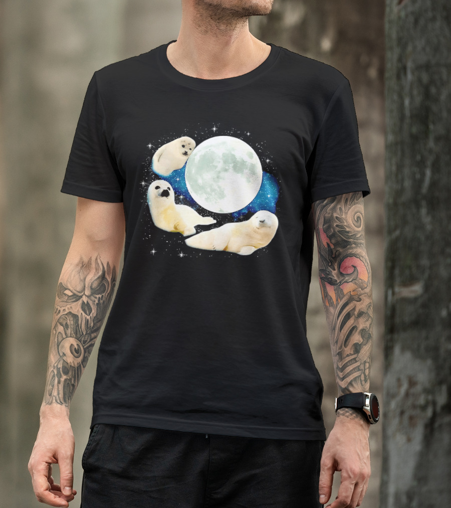 Adorable Seals Playfully Resting Under A Radiant Full Moonlit Sky With Cosmic Backdrop T-Shirt