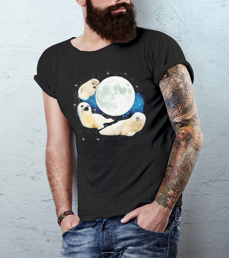 Adorable Seals Playfully Resting Under A Radiant Full Moonlit Sky With Cosmic Backdrop T-Shirt