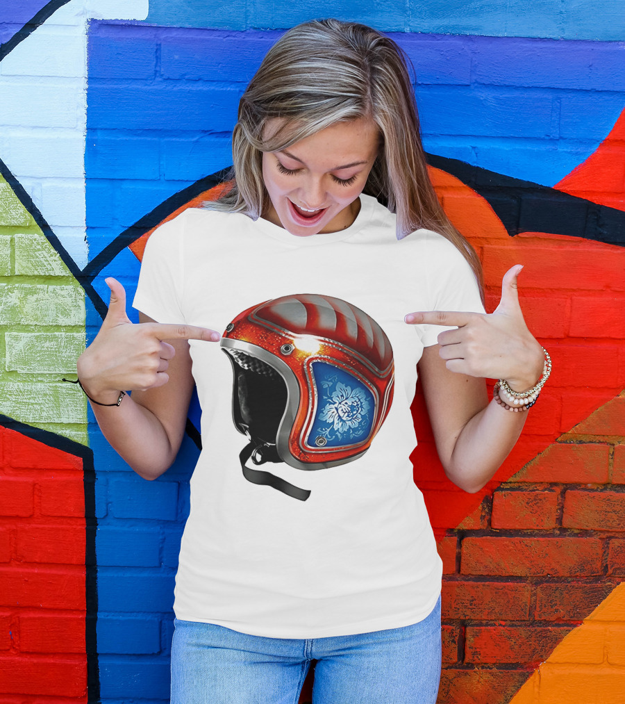 Blue Bloom Racer Helmet Red White Stripes Floral Blossom T-Shirt