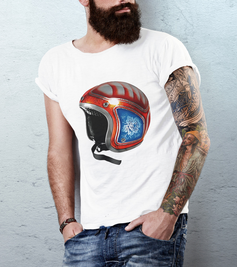 Blue Bloom Racer Helmet Red White Stripes Floral Blossom T-Shirt