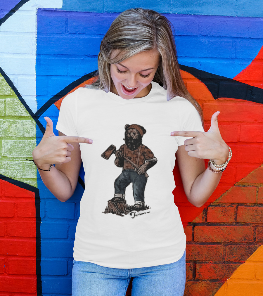 Lumberjack Bear Holding Axe Plaid Denim Jeans Beanie T-Shirt