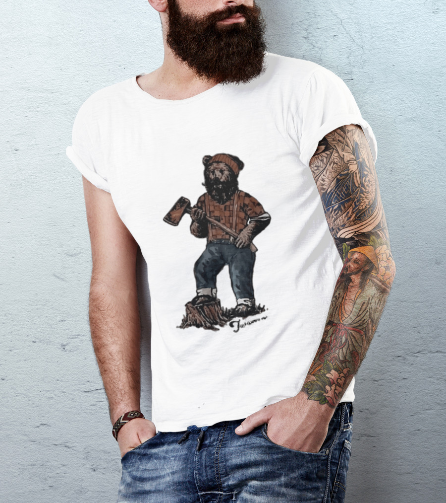 Lumberjack Bear Holding Axe Plaid Denim Jeans Beanie T-Shirt