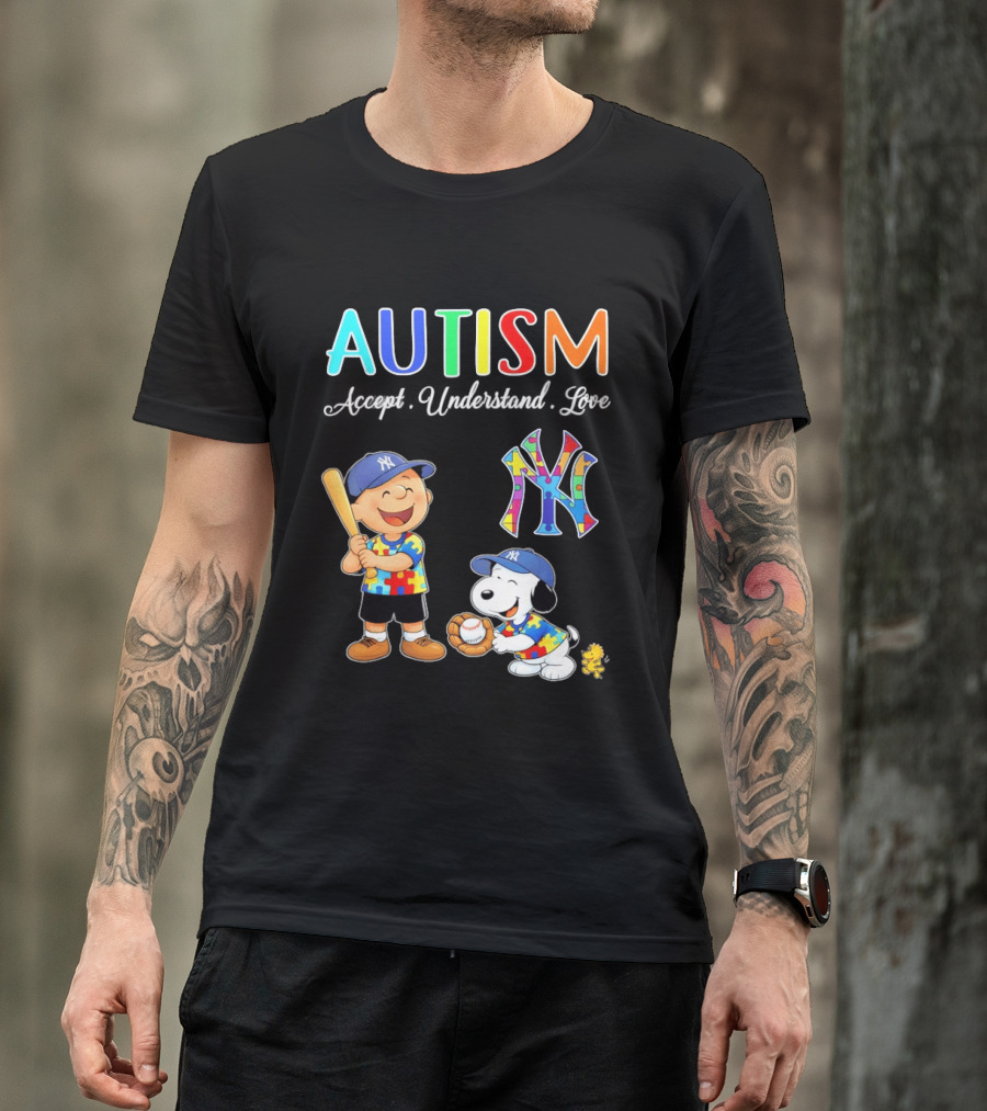 Charlie Brown Snoopy New York Yankees Autism Accept Understand Love T-Shirt