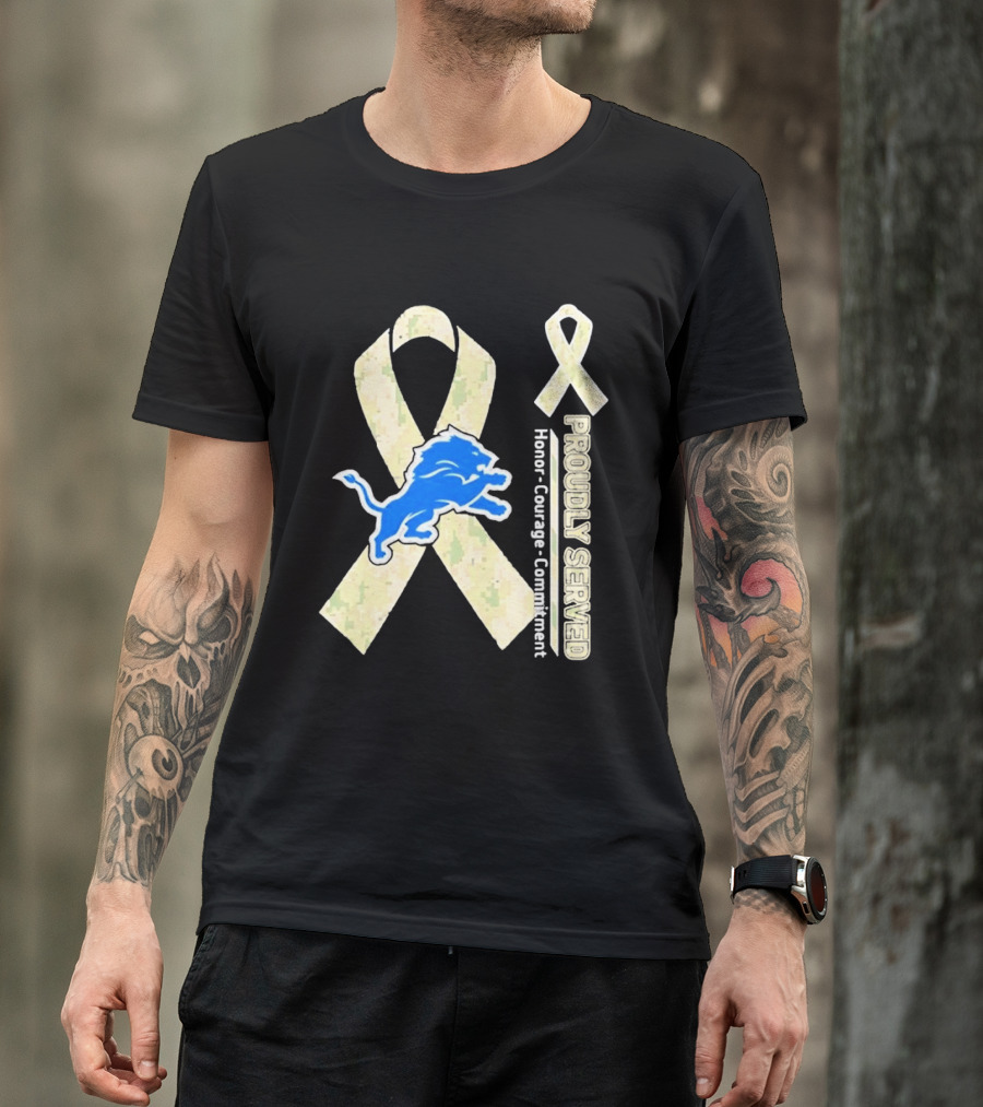 Detroit Lions Camo Ribbon Proudly Served Honor Courage Commitment T-Shirt