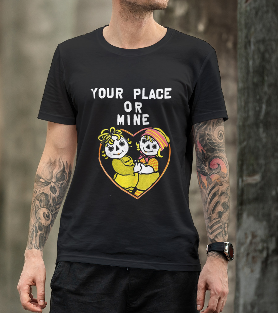 Your Place Or Mine Romantic Cartoon Couple In Heart T-Shirt
