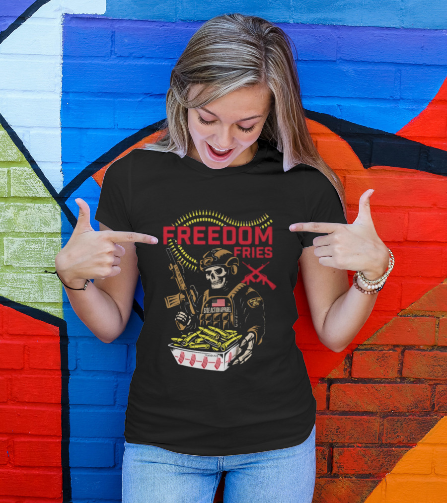 Freedom Fries Military Skeleton With USA Flag And Rifle T-Shirt