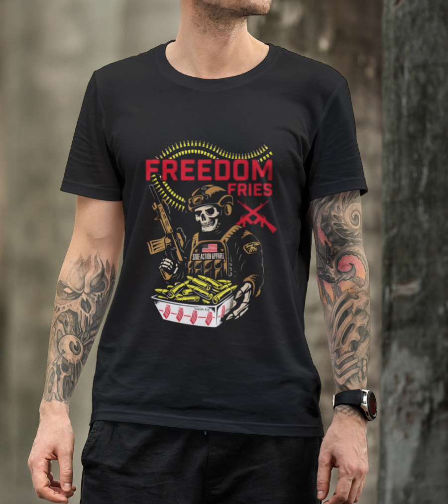 Freedom Fries Military Skeleton With USA Flag And Rifle T-Shirt