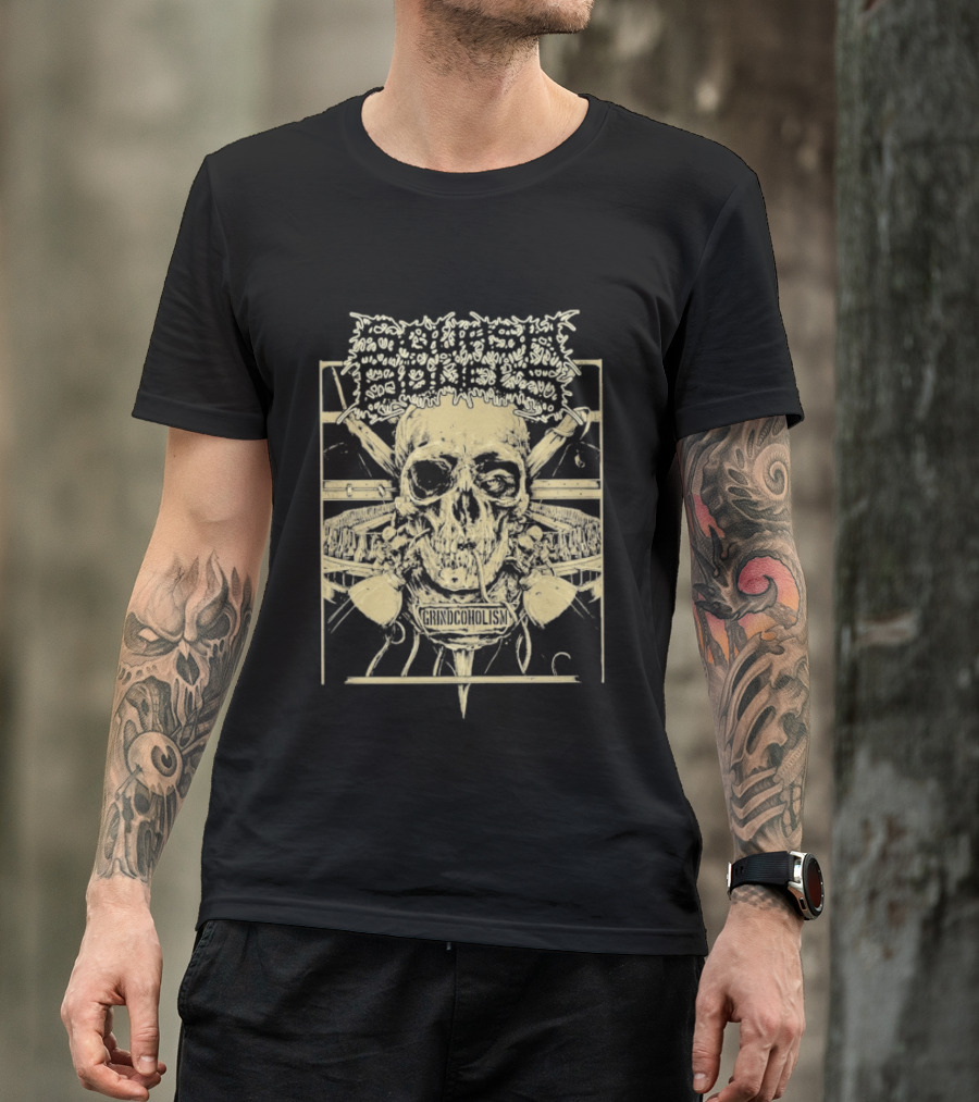 Squash Bowels Grindcoholism Skull With Crossbones And Spine T-Shirt