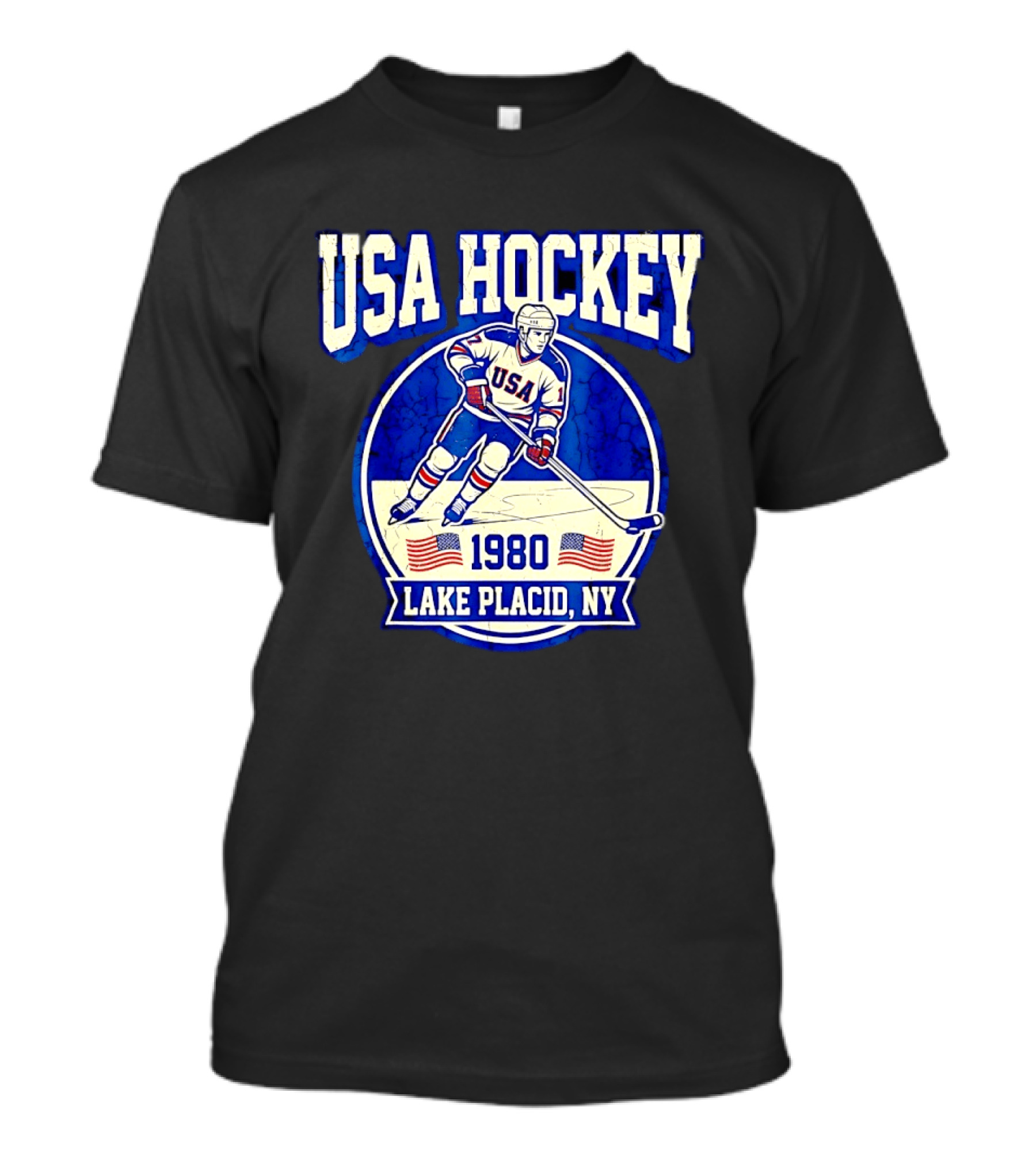 USA Hockey 1980 Lake Placid NY American Flag Ice Skater T-Shirt