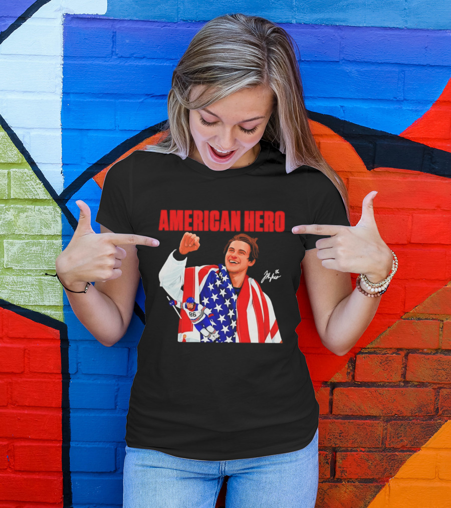 American Hero Jack Hughes USA Flag Hockey T-Shirt