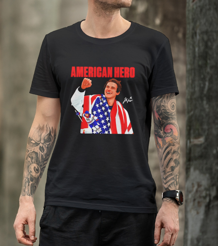 American Hero Jack Hughes USA Flag Hockey T-Shirt