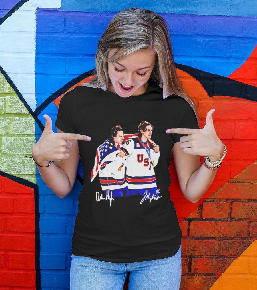 USA Hockey Golden Jack Hughes Jack Quinn American Flag Celebration T-Shirt