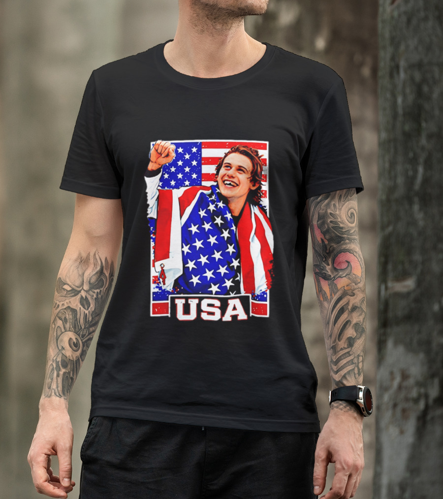 USA Flag Jack Hughes Olympic Hockey 2026 Golden Goal Celebration T-Shirt