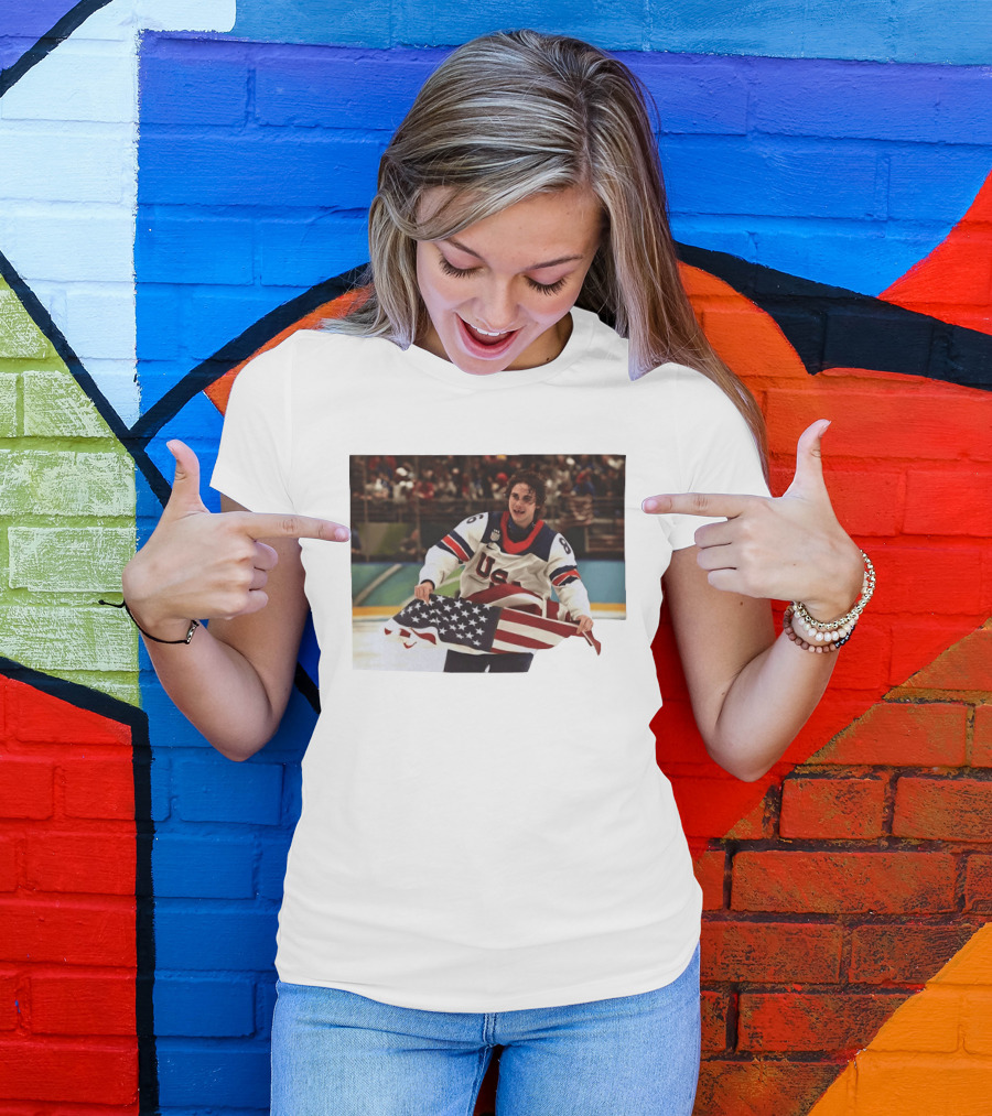 USA Hockey Jack Hughes American Flag Celebration T-Shirt