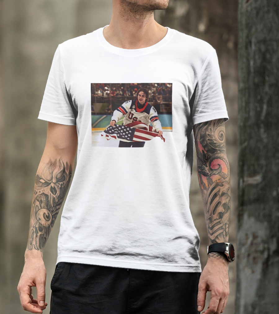 USA Hockey Jack Hughes American Flag Celebration T-Shirt