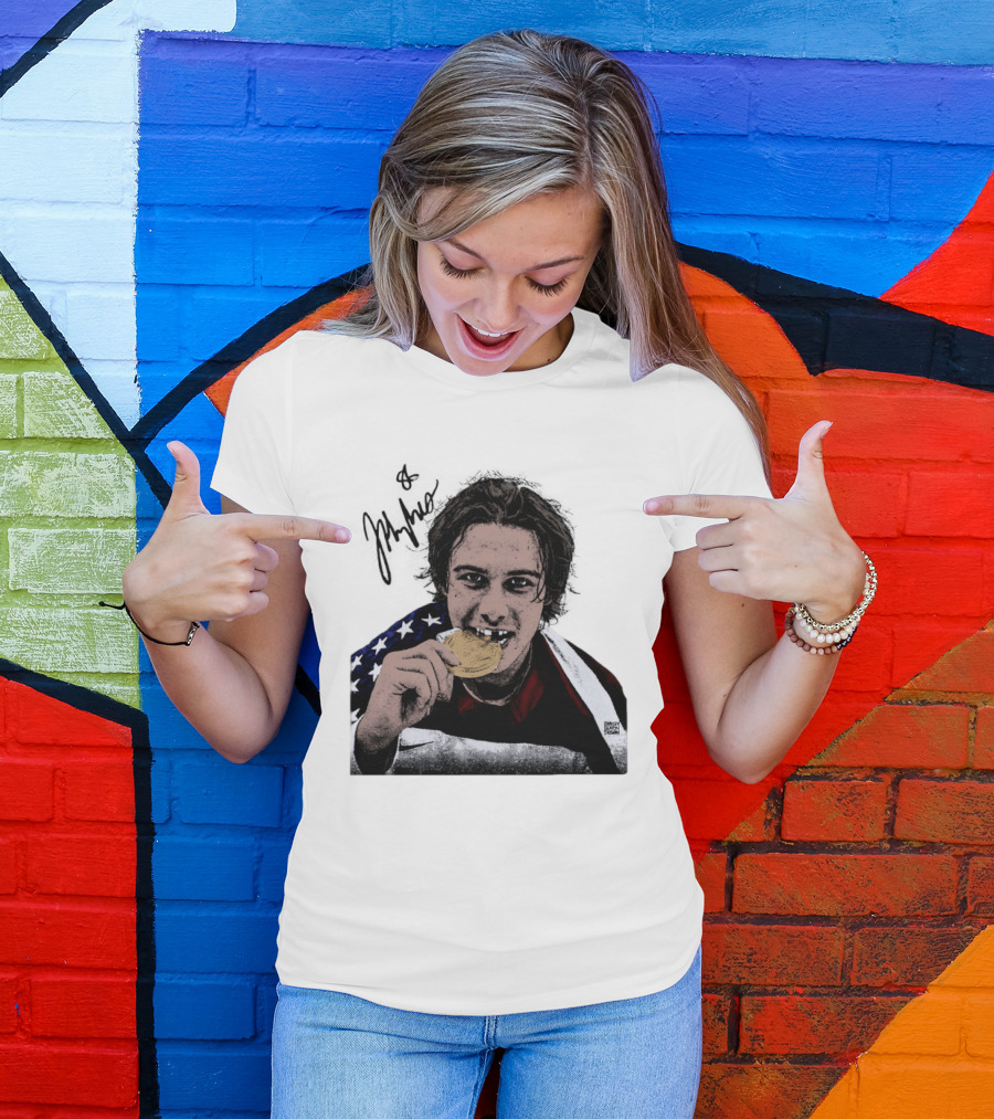 USA Hockey Jack Hughes Gold Medal Bite American Flag T-Shirt