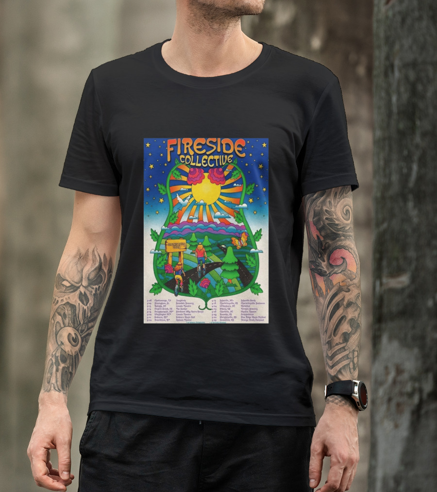 Fireside Collective Spring Tour 2026 Vibrant Cycling Adventure In Scenic Nature Landscape With Sunburst And Stars T-Shirt