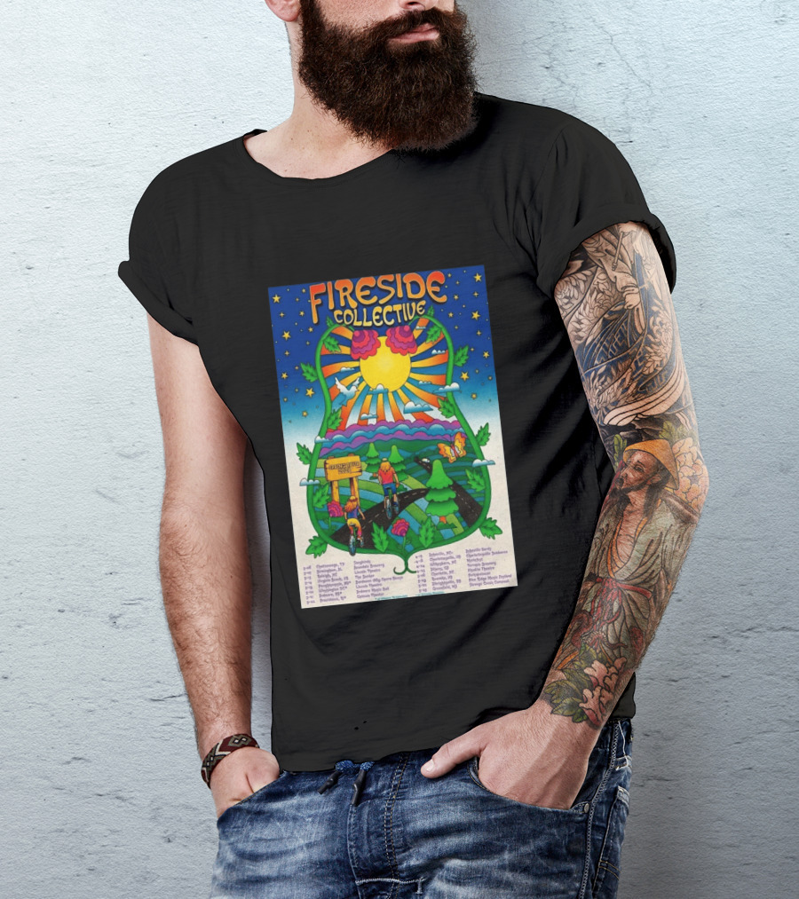 Fireside Collective Spring Tour 2026 Vibrant Cycling Adventure In Scenic Nature Landscape With Sunburst And Stars T-Shirt