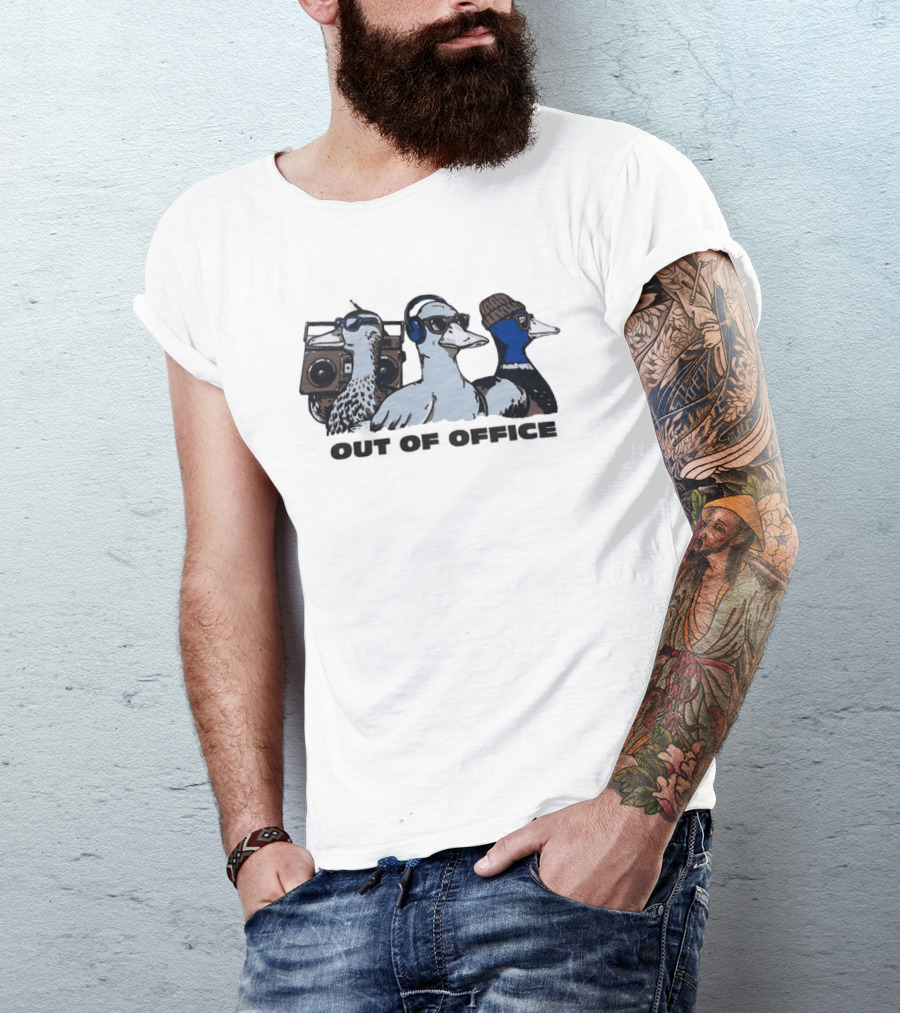 Out Of Office Ducks With Boom Box Headphones Beanie Sunglasses T-Shirt