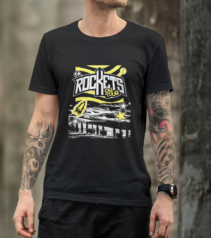 Rockets On Tour Yellow Stars Rocketship Waves Planet T-Shirt