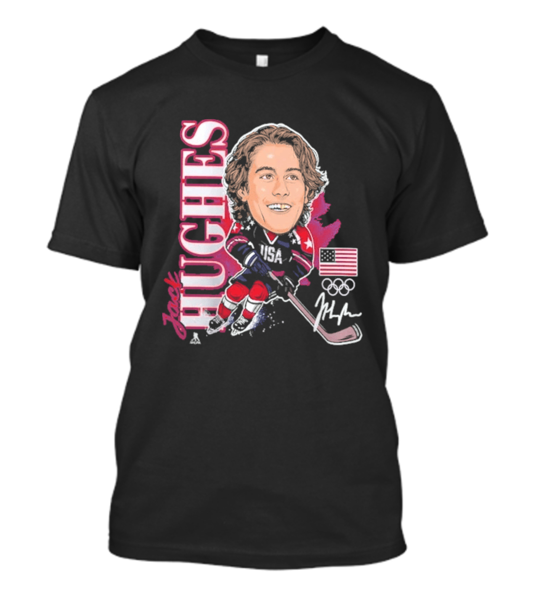 USA Hockey Jack Hughes Olympic Gold Medal Caricature With American Flag And Signature T-Shirt