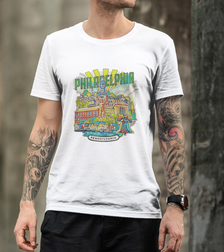Philadelphia Pennsylvania Skyline Landmark Icons Liberty Bell Art Deco T-Shirt