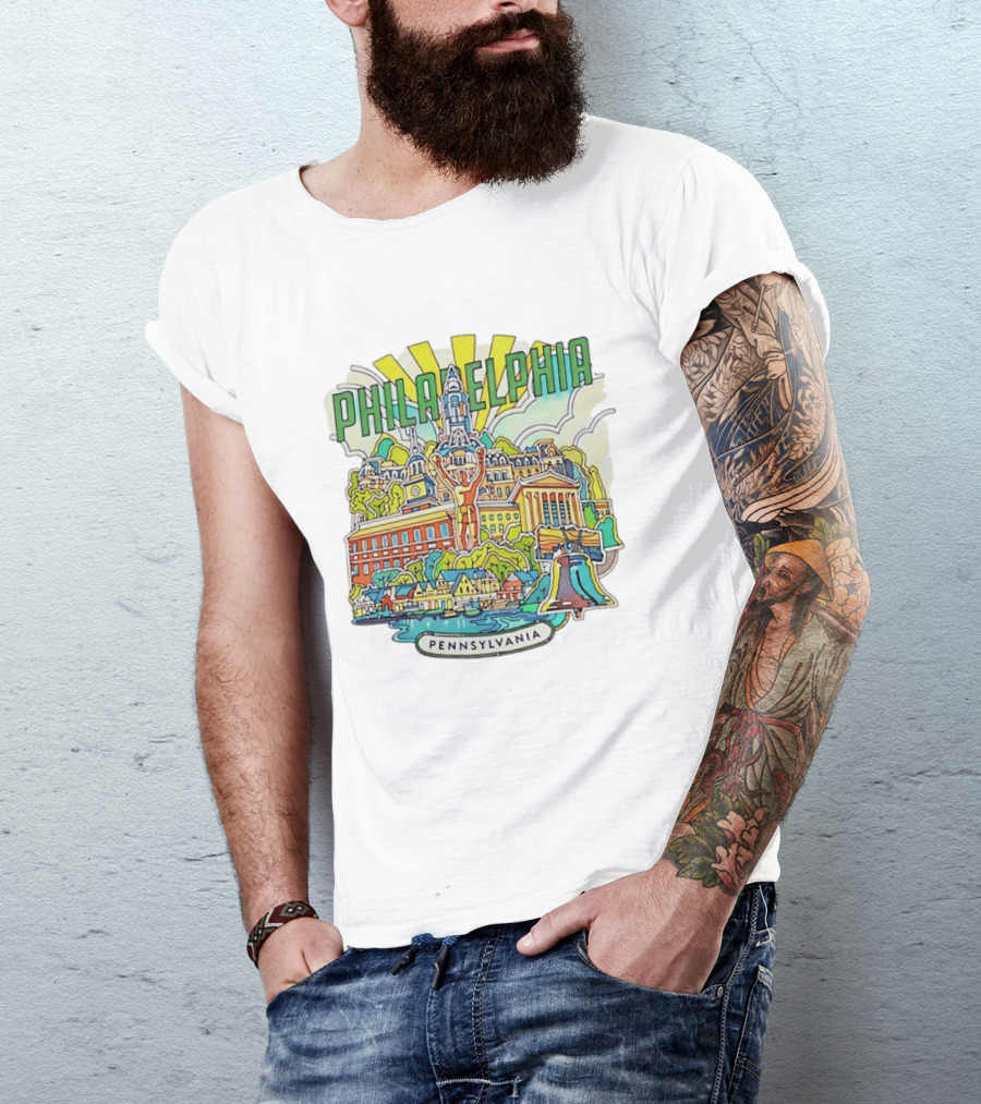 Philadelphia Pennsylvania Skyline Landmark Icons Liberty Bell Art Deco T-Shirt