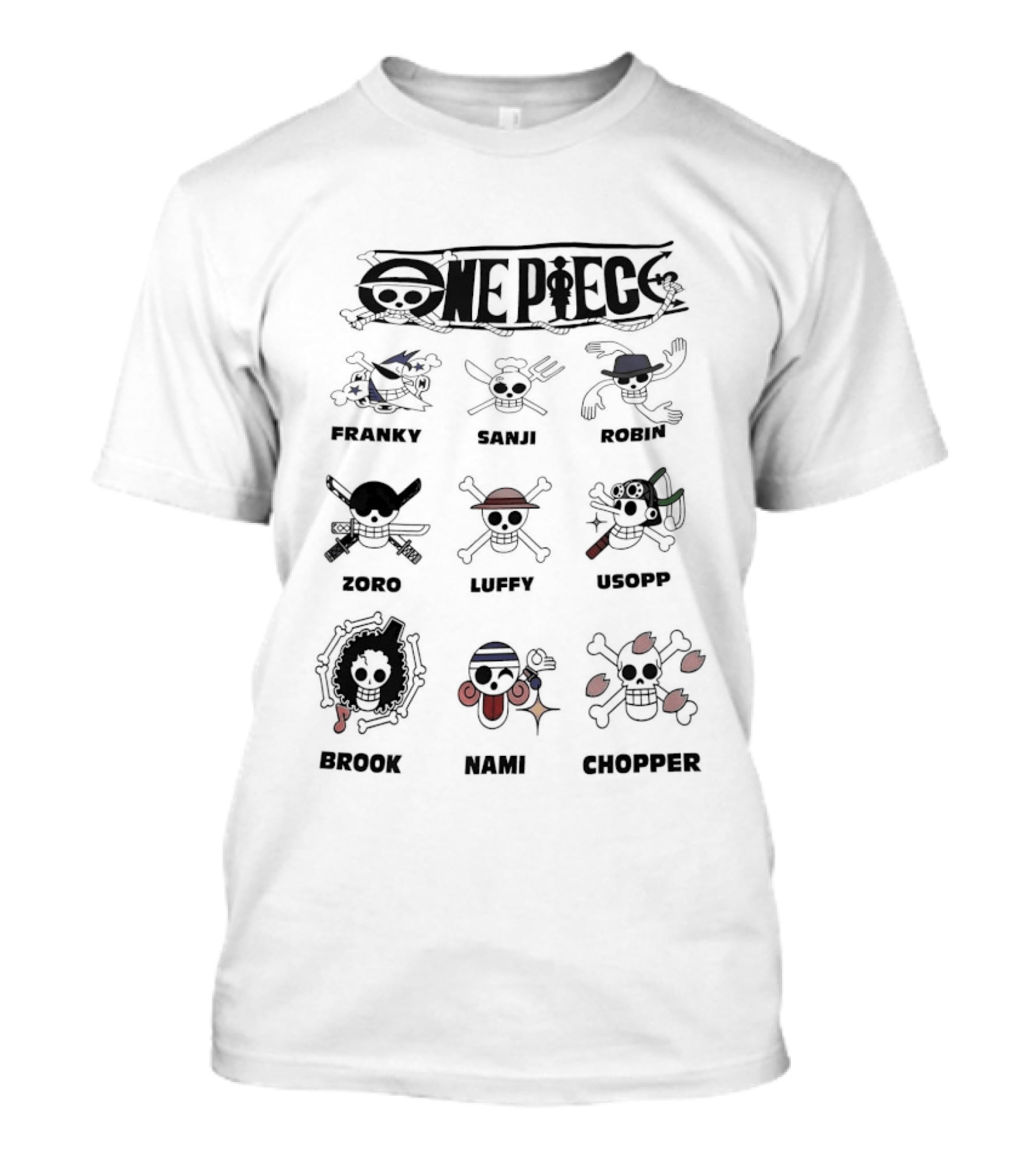 One Piece Straw Hat Crew Jolly Rogers Luffy Zoro Chopper Anime Flag Names T-Shirt