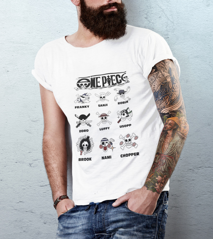 One Piece Straw Hat Crew Jolly Rogers Luffy Zoro Chopper Anime Flag Names T-Shirt