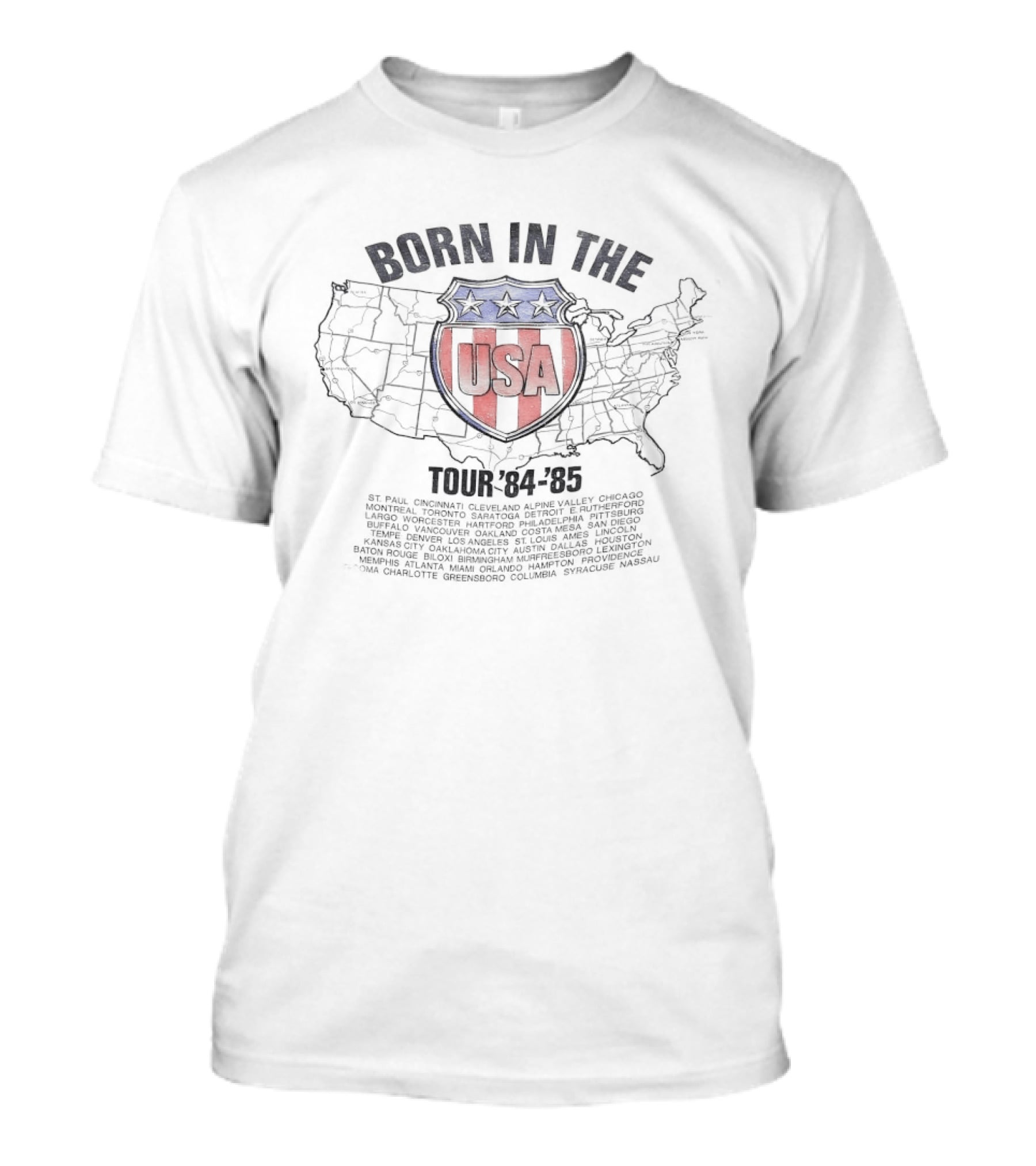 Born In The USA Tour 84 85 Map USA Shield T-Shirt