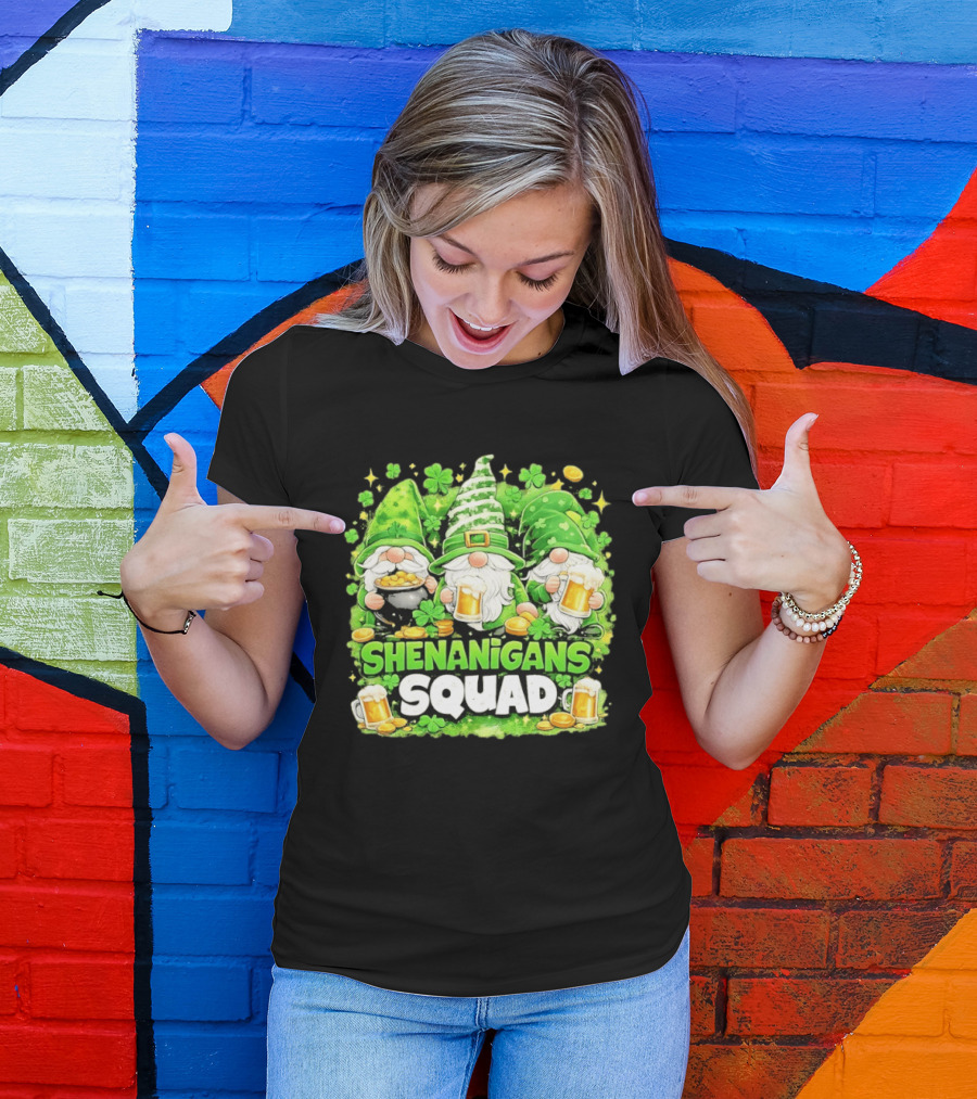 Shenanigans Squad St Patrick's Day Irish Gnomes Beer S And Clover Coins T-Shirt