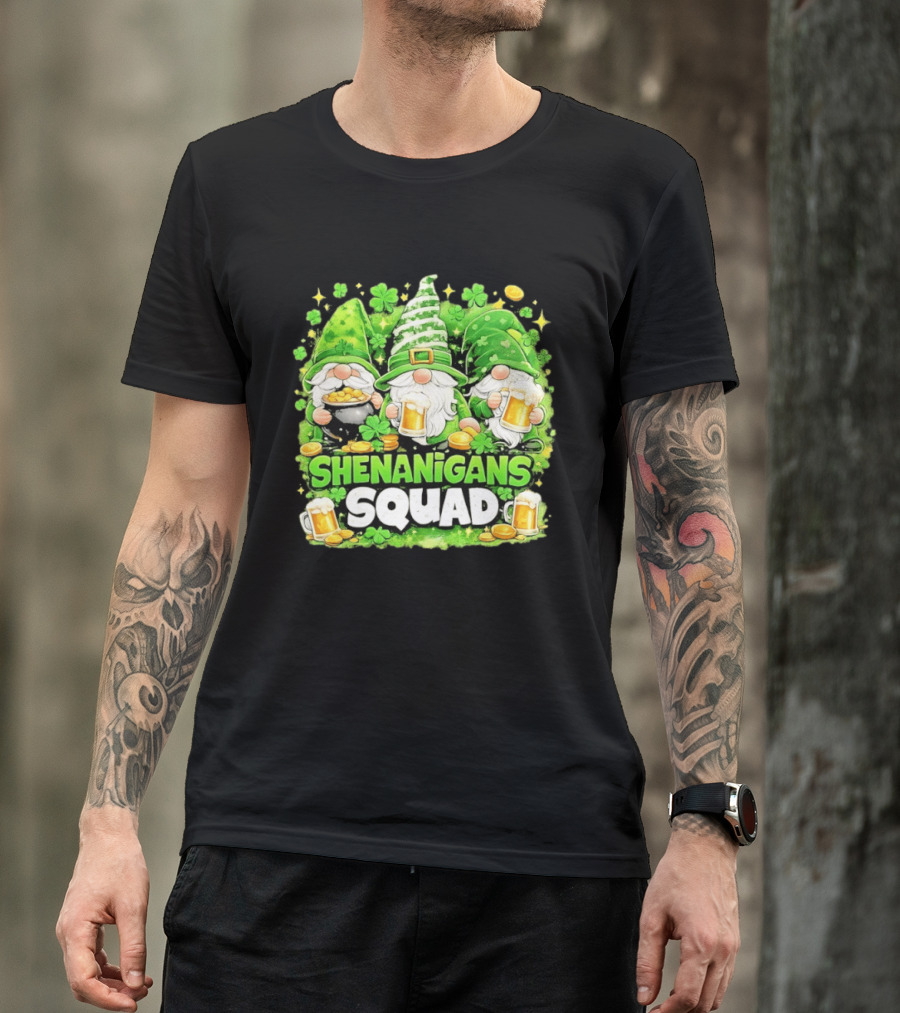 Shenanigans Squad St Patrick's Day Irish Gnomes Beer S And Clover Coins T-Shirt
