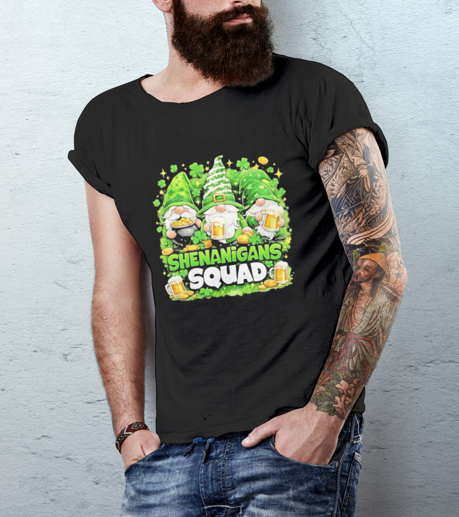 Shenanigans Squad St Patrick's Day Irish Gnomes Beer S And Clover Coins T-Shirt