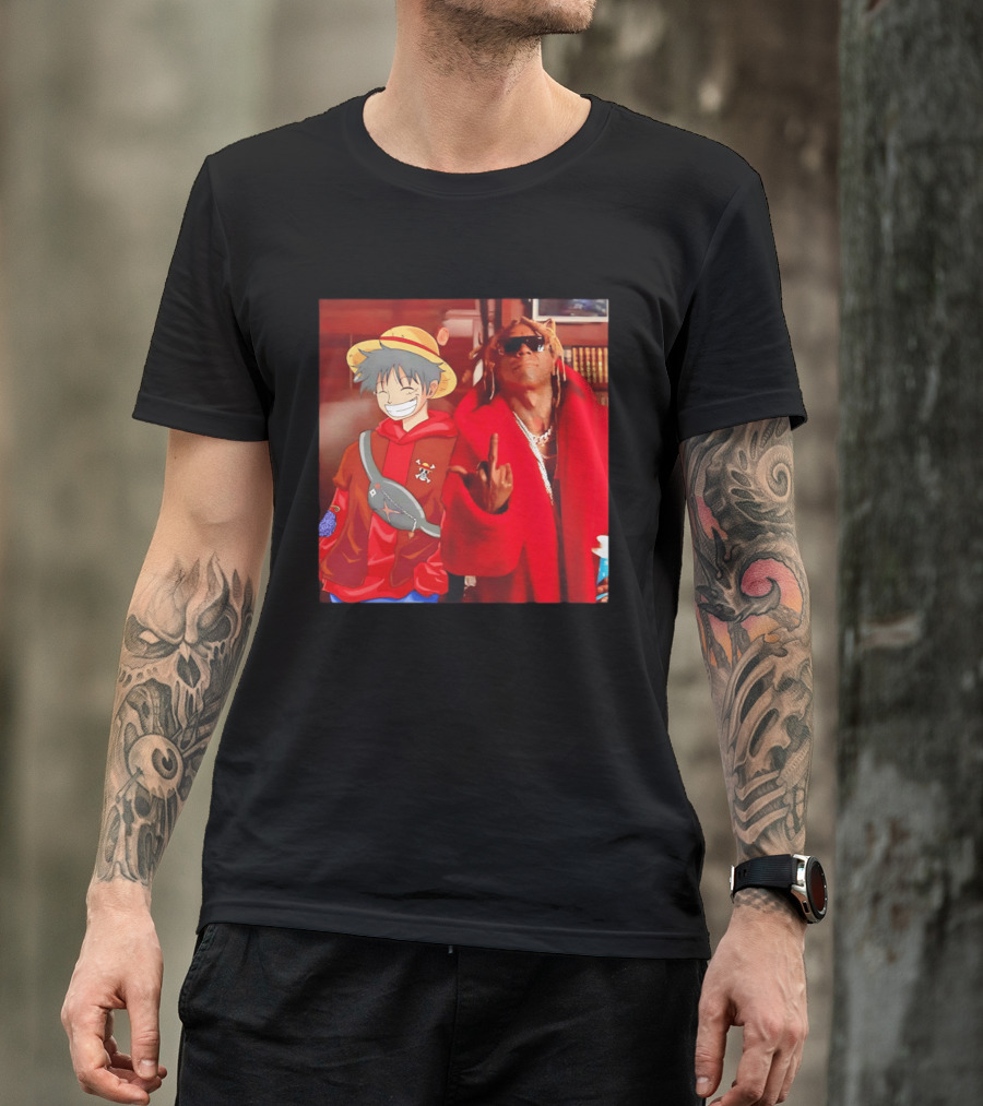 Lil Gum Monkey D. Luffy And Rapper Red Coat Outfit Fusion T-Shirt