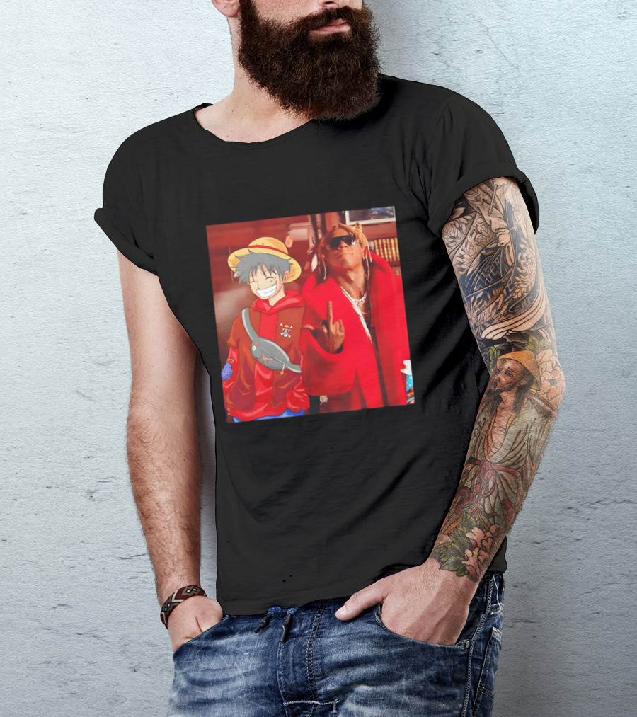 Lil Gum Monkey D. Luffy And Rapper Red Coat Outfit Fusion T-Shirt