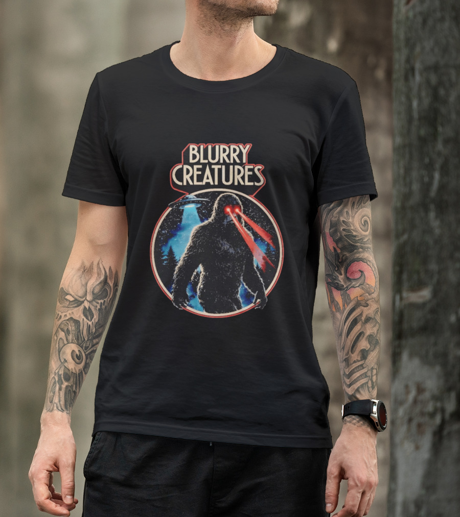 Blurry Creatures Bigfoot Laser Eyes UFO Forest T-Shirt