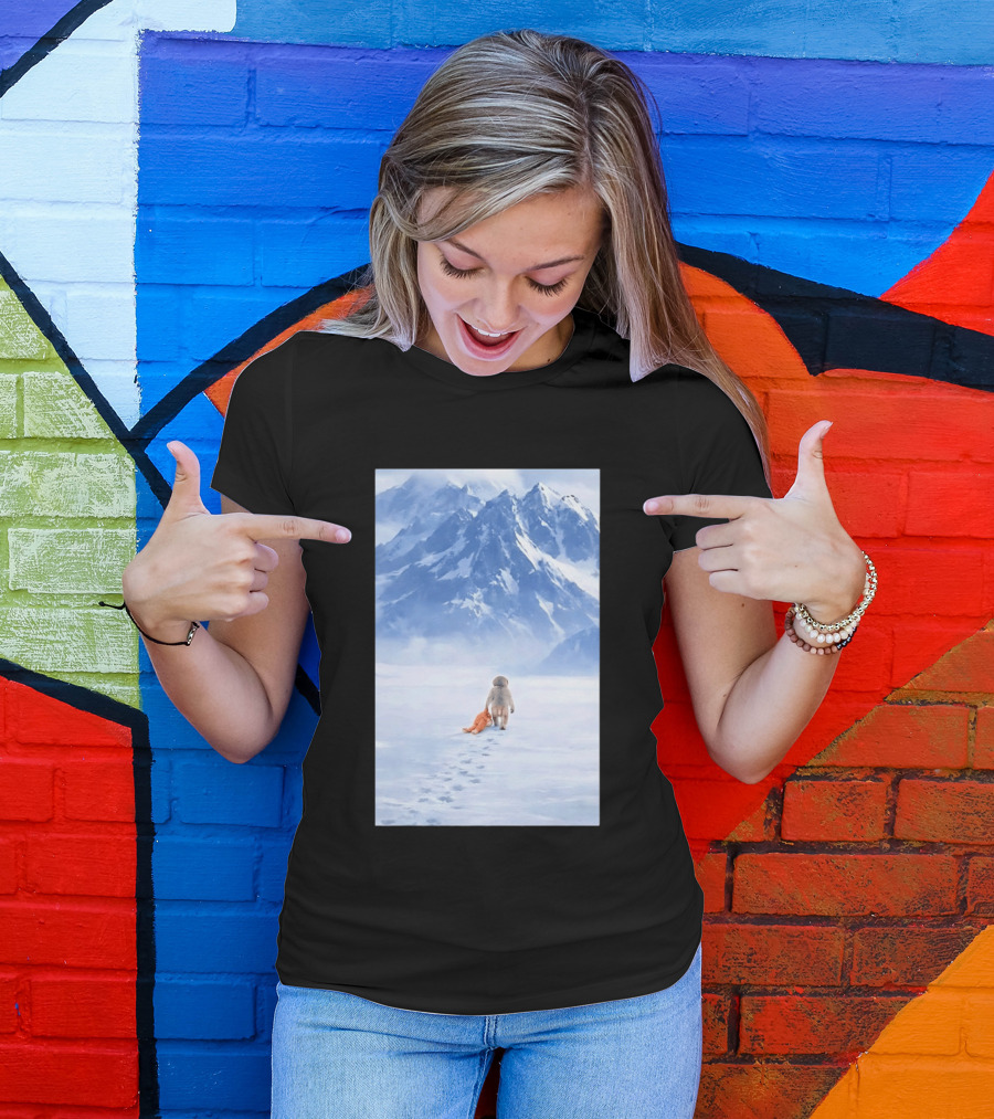 Monkey Holding Stuffed Monkey Alone Walking In Snowy Mountains T-Shirt