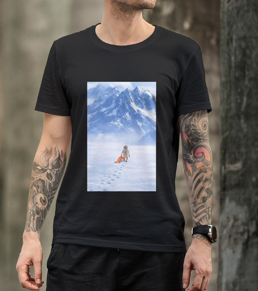 Monkey Holding Stuffed Monkey Alone Walking In Snowy Mountains T-Shirt