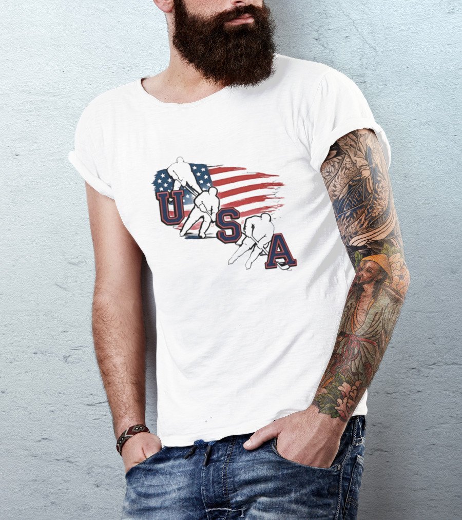 USA Olympic Gold Medal Hockey American Flag Hockey Players T-Shirt