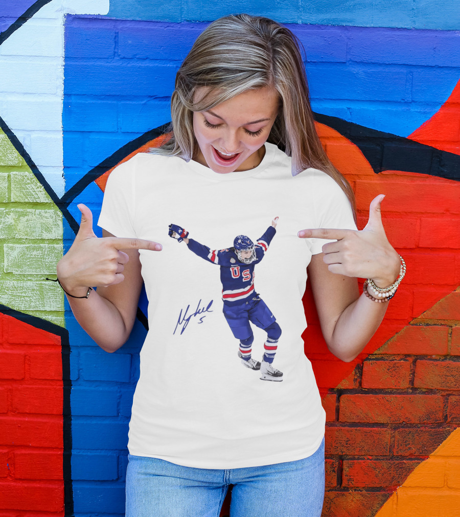 USA Team Hockey Megan Keller Blue Uniform Celebration T-Shirt