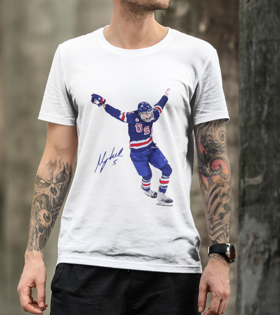 USA Team Hockey Megan Keller Blue Uniform Celebration T-Shirt