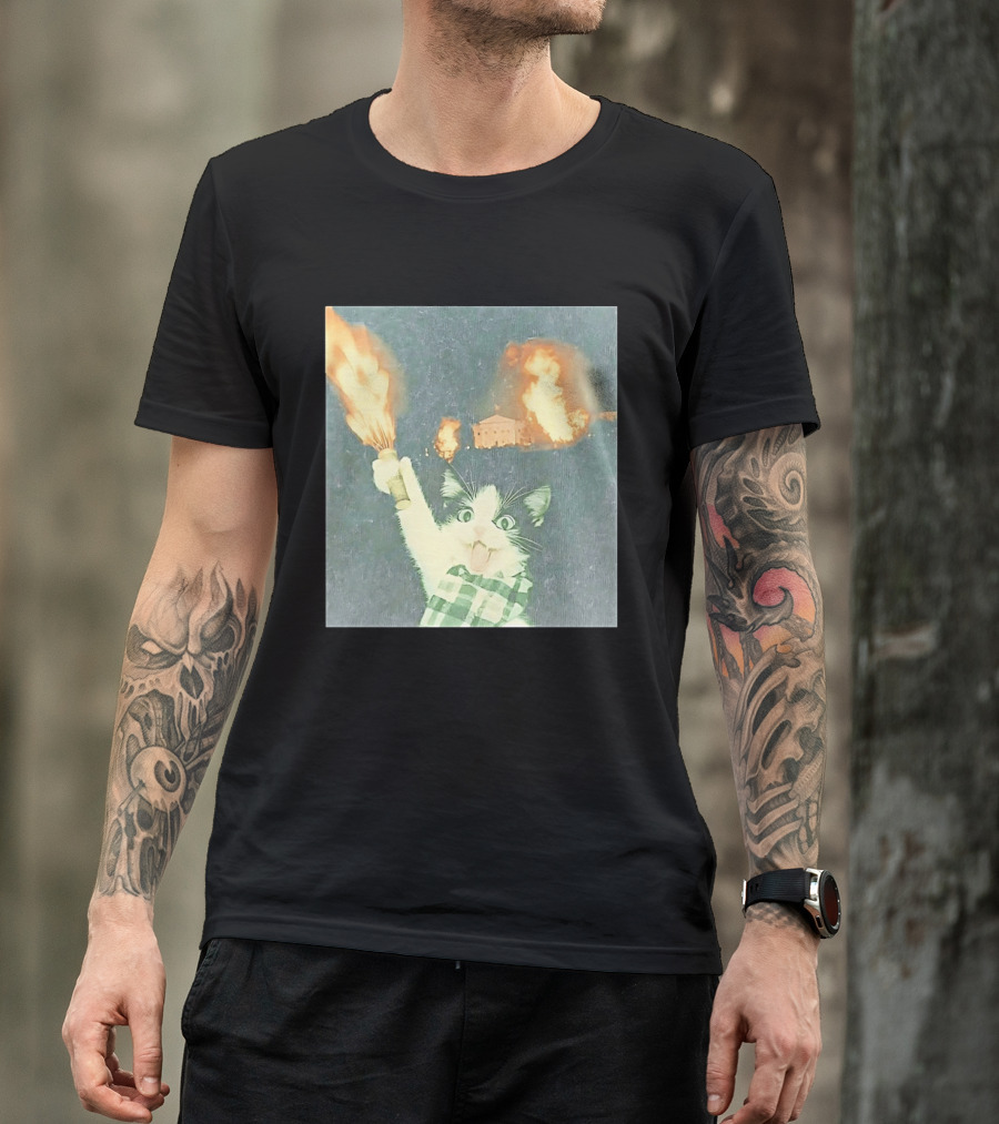 Rebellious Cat Riot Scene With Flaming T-Shirt