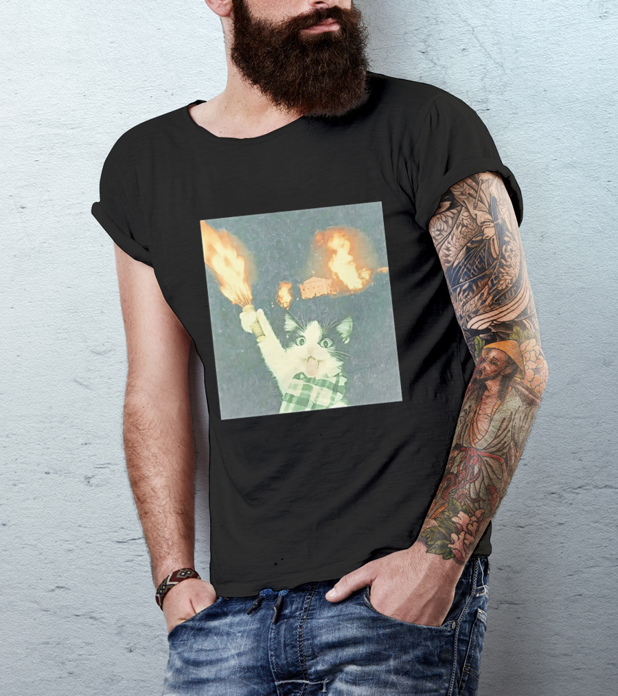 Rebellious Cat Riot Scene With Flaming T-Shirt