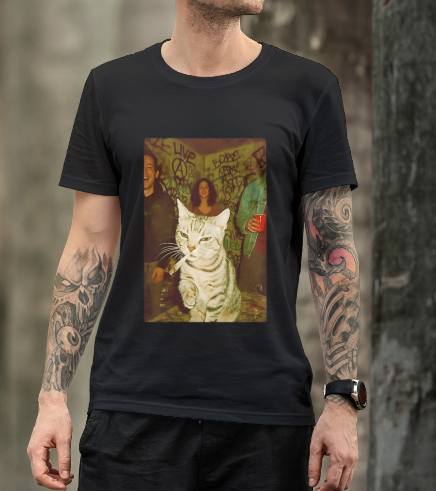 Smoking Tabby Cat Live Punk Party Scene T-Shirt
