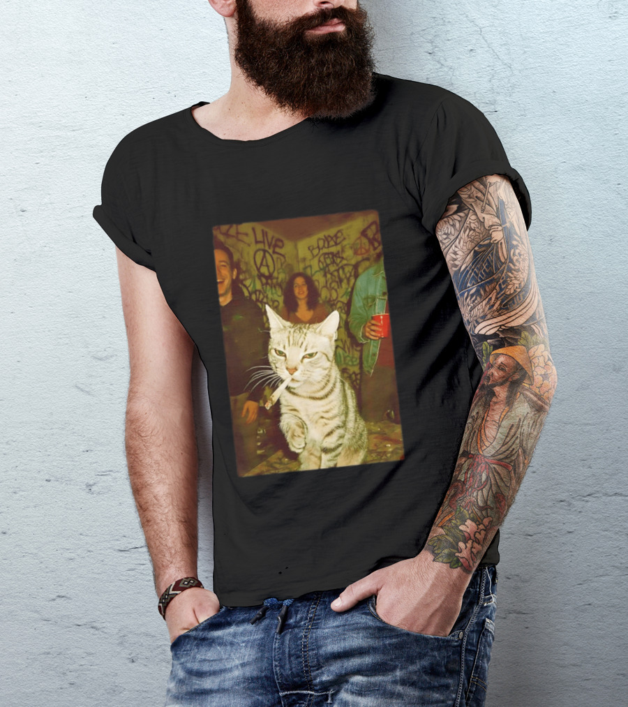 Smoking Tabby Cat Live Punk Party Scene T-Shirt