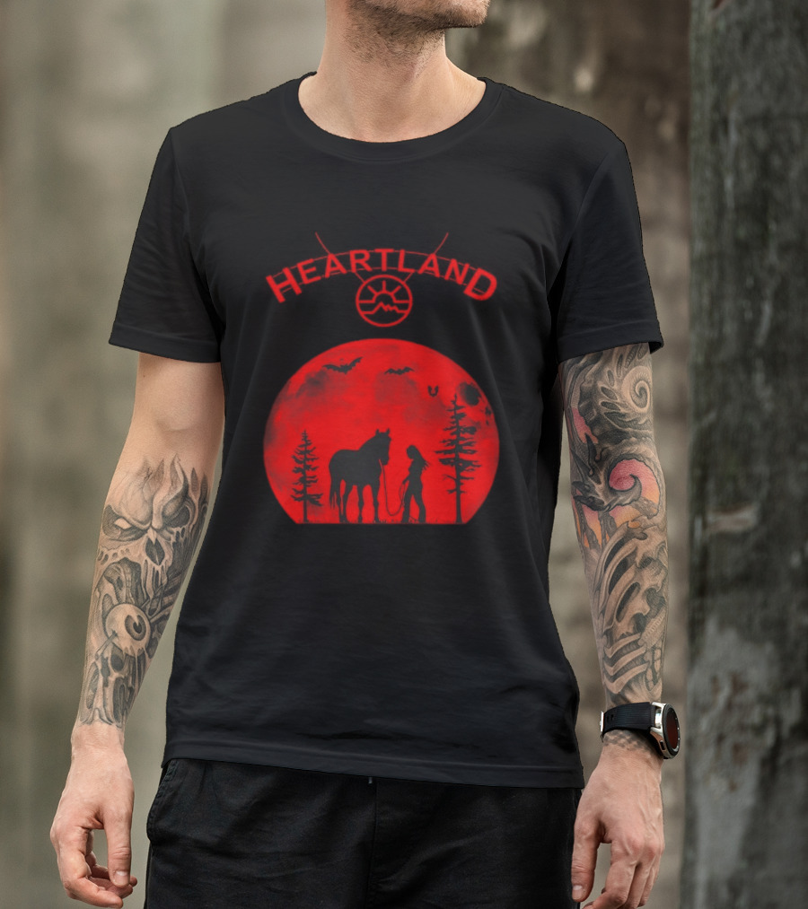 Heartland Ranch Red Moon Horse And Human Silhouette With Trees And Bats T-Shirt